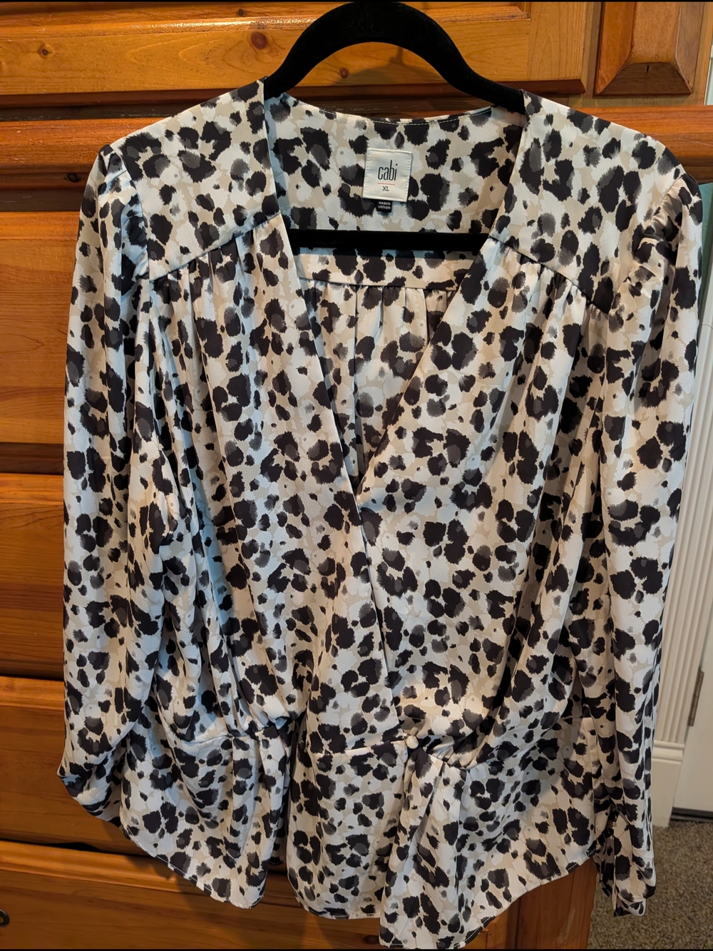 Cabi Rosette Blouse 5898 Black White Neut Peplum Wrap Blouse